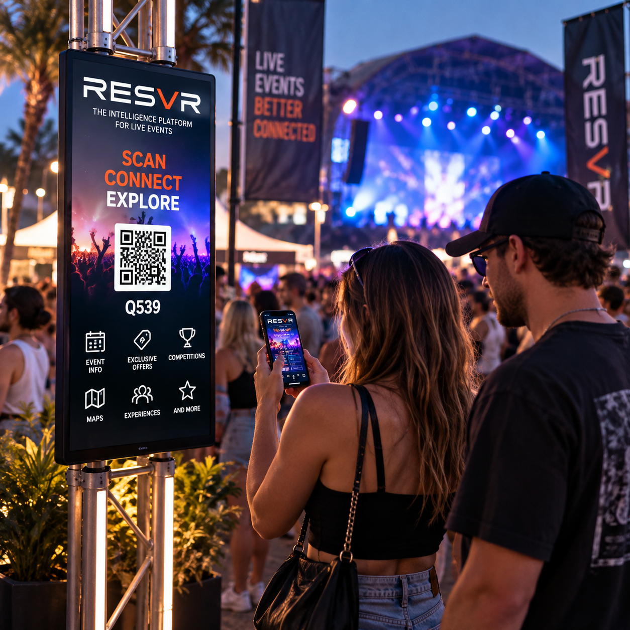 Full RESVR digital kiosk on its truss in the live-event environment