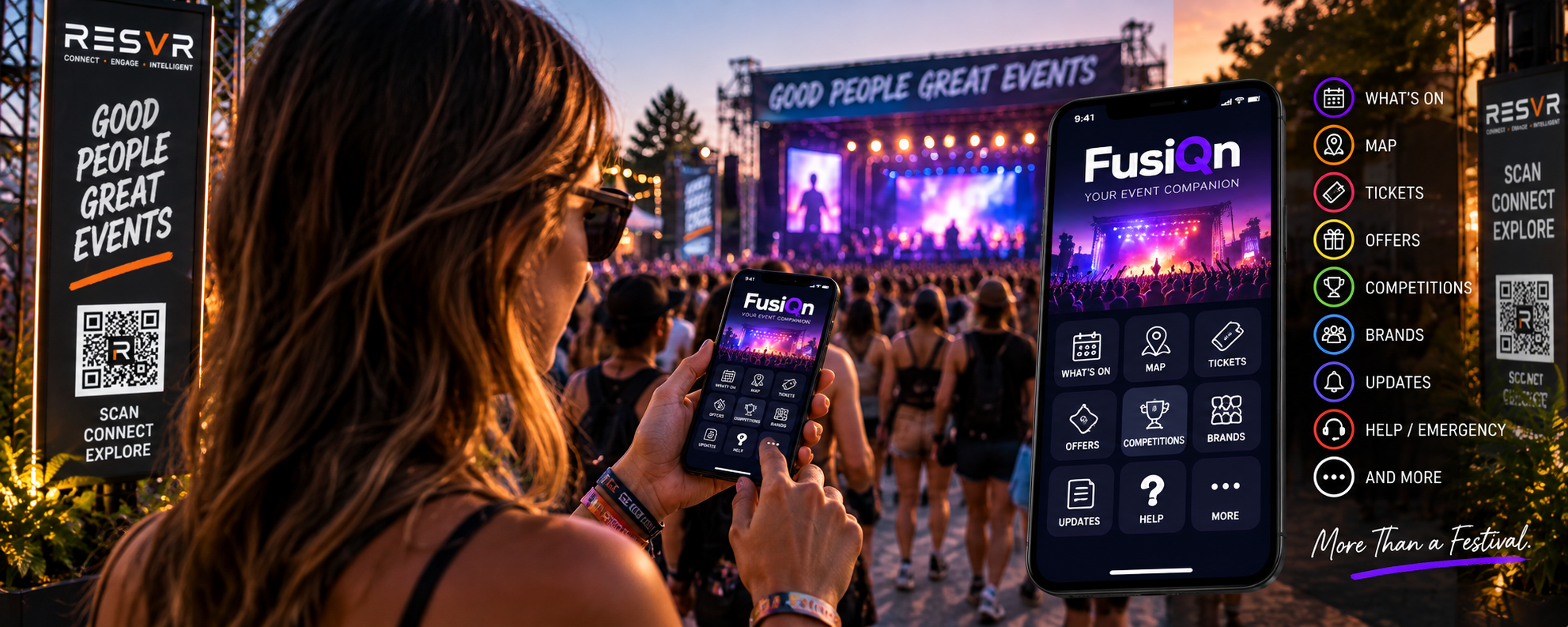 A festival attendee using her phone among the live audience